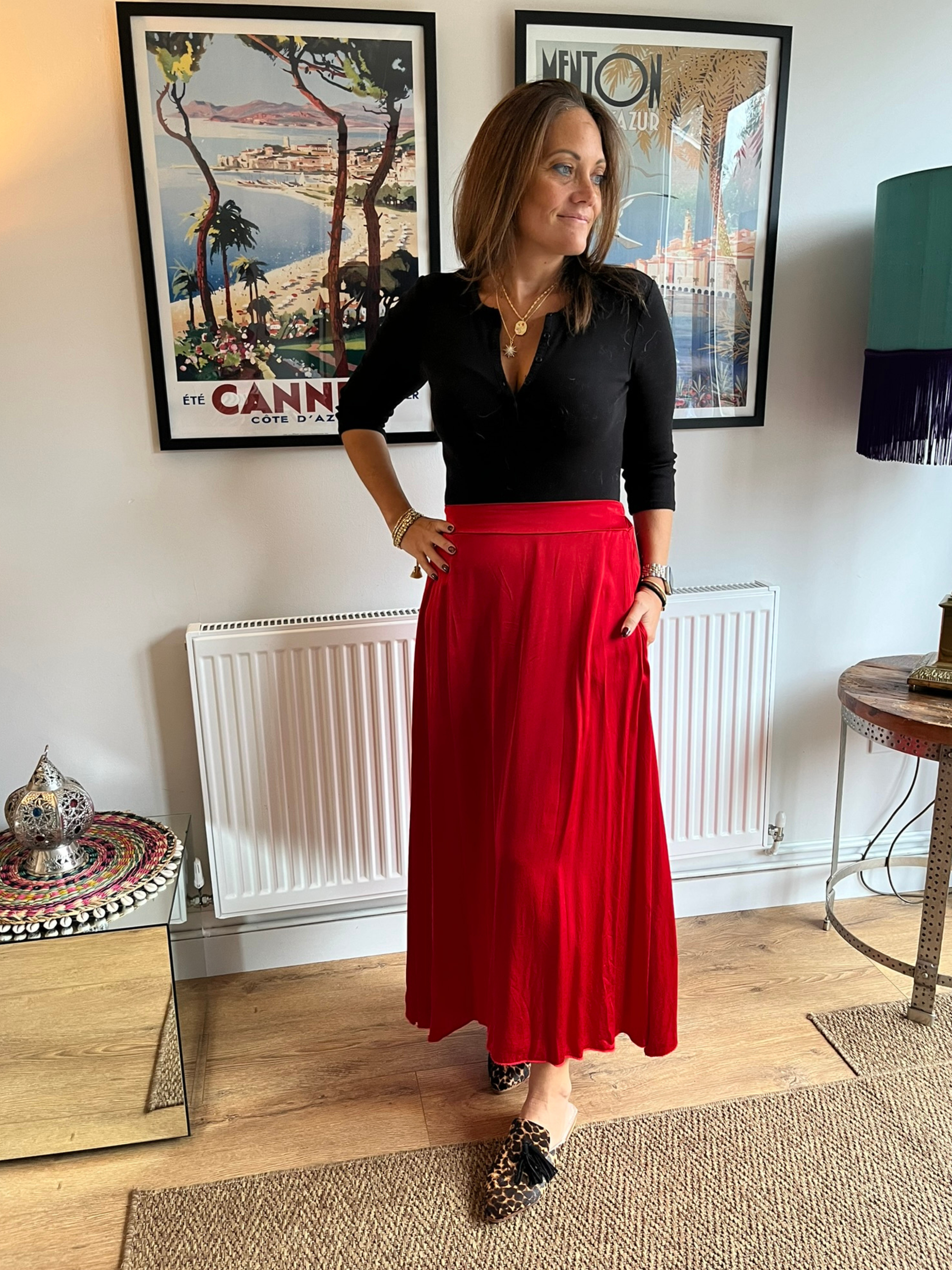 Red Satin Feel Floaty Midi Skirt