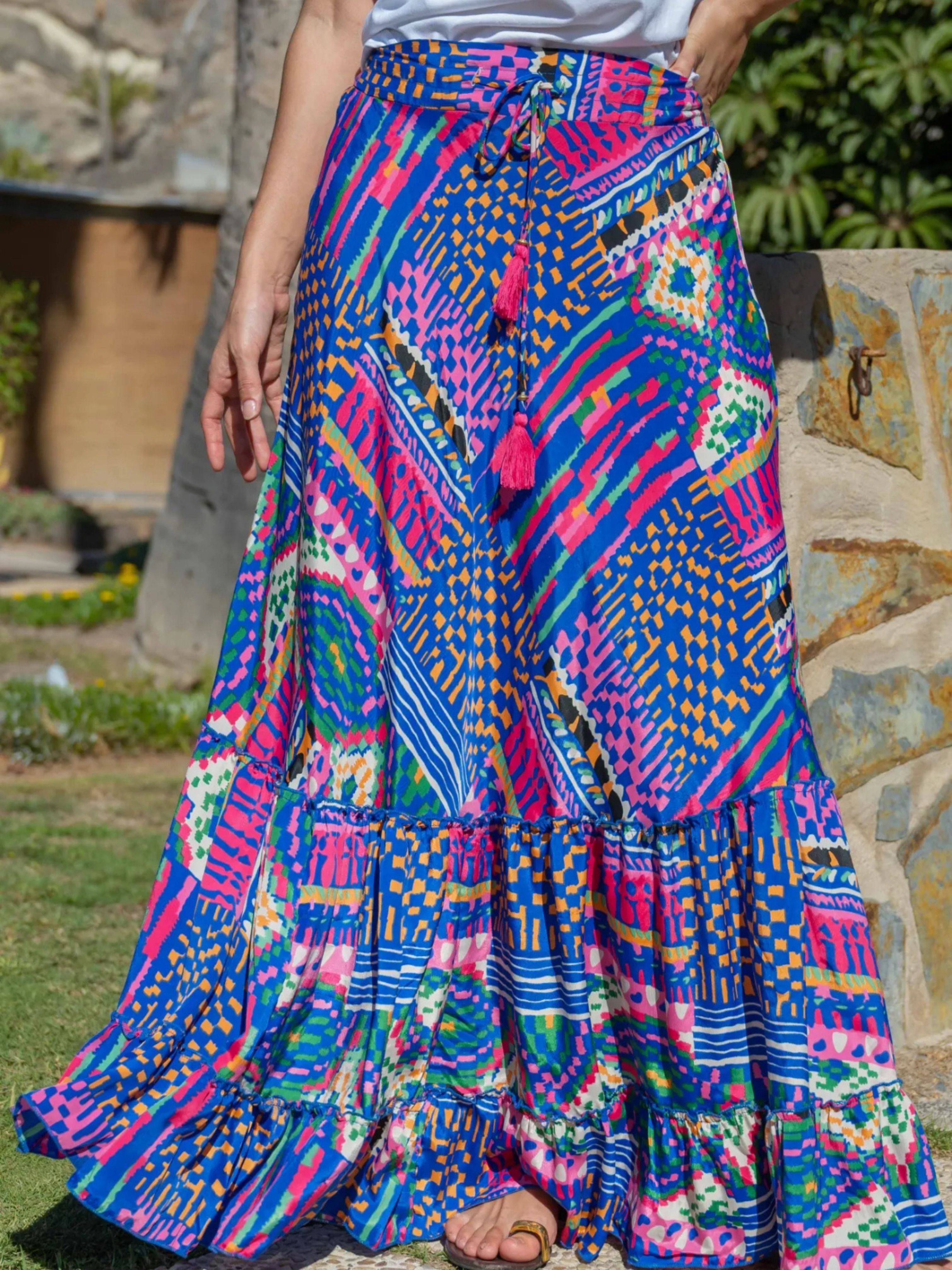 Silk Touch Blue and Purple Tiered Maxi Skirt