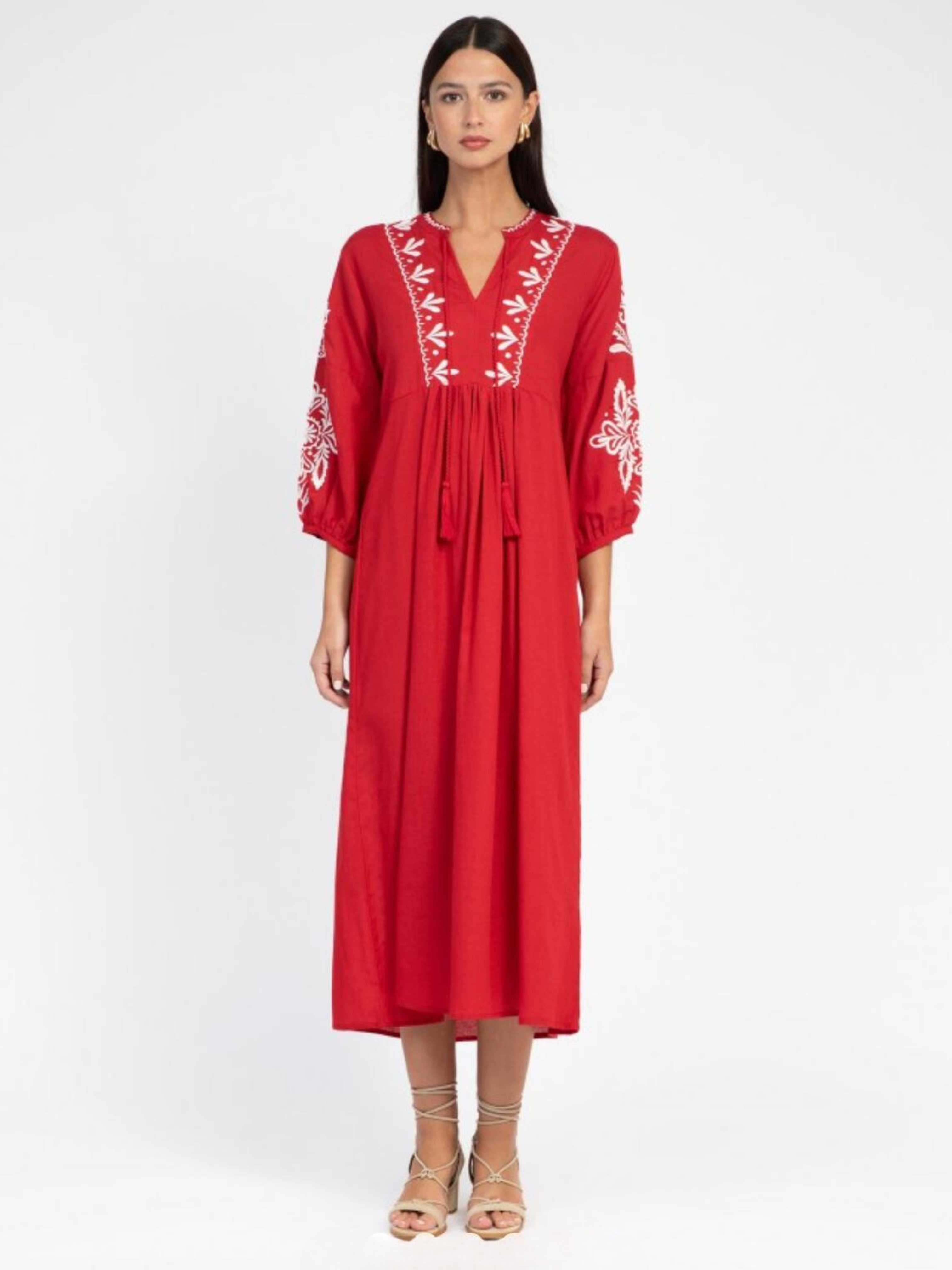 Oliviero Red Long Sleeve Embroidered Maxi Dress