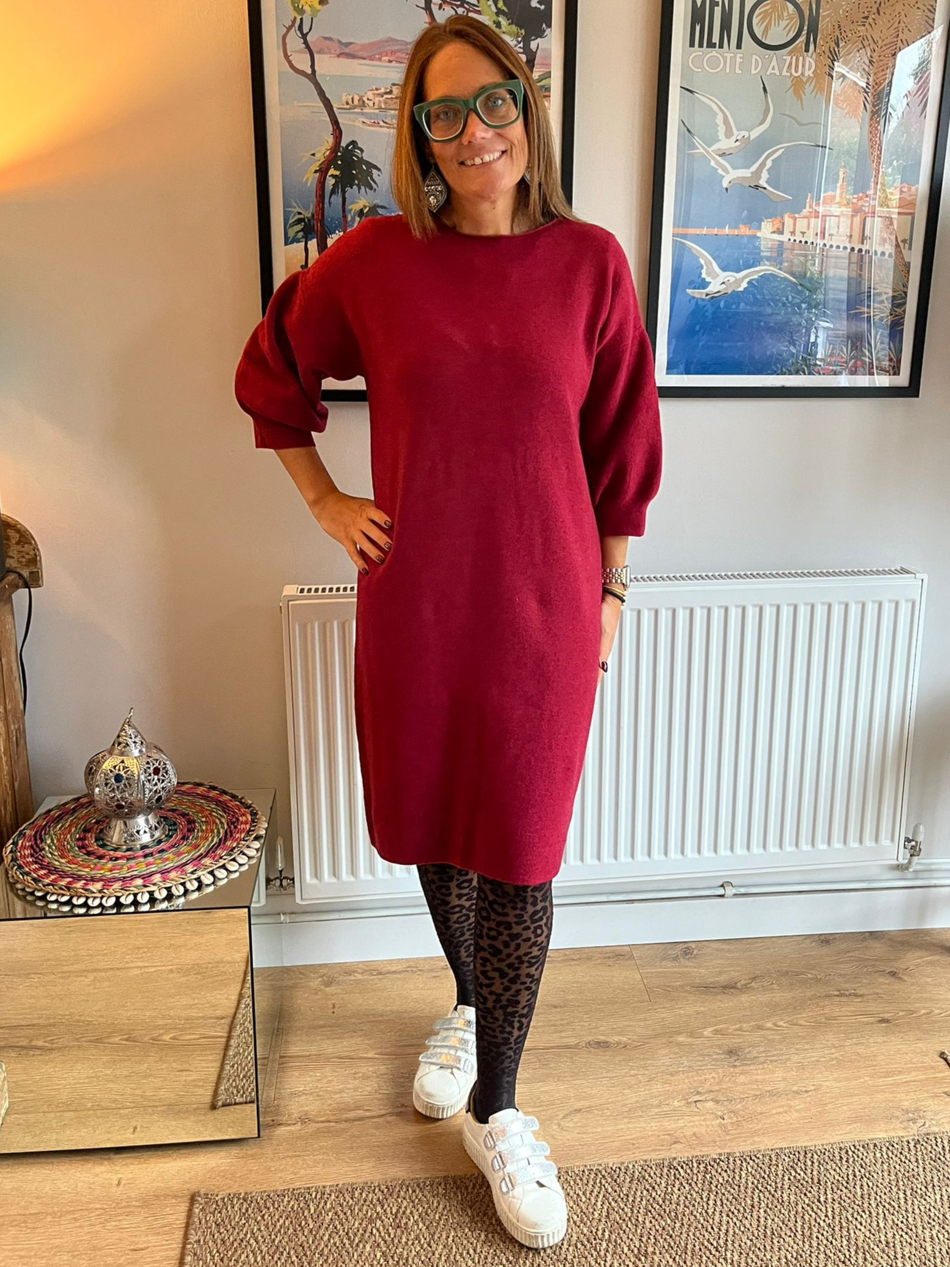 Burgundy Knitted 3/4 Sleeve Dress