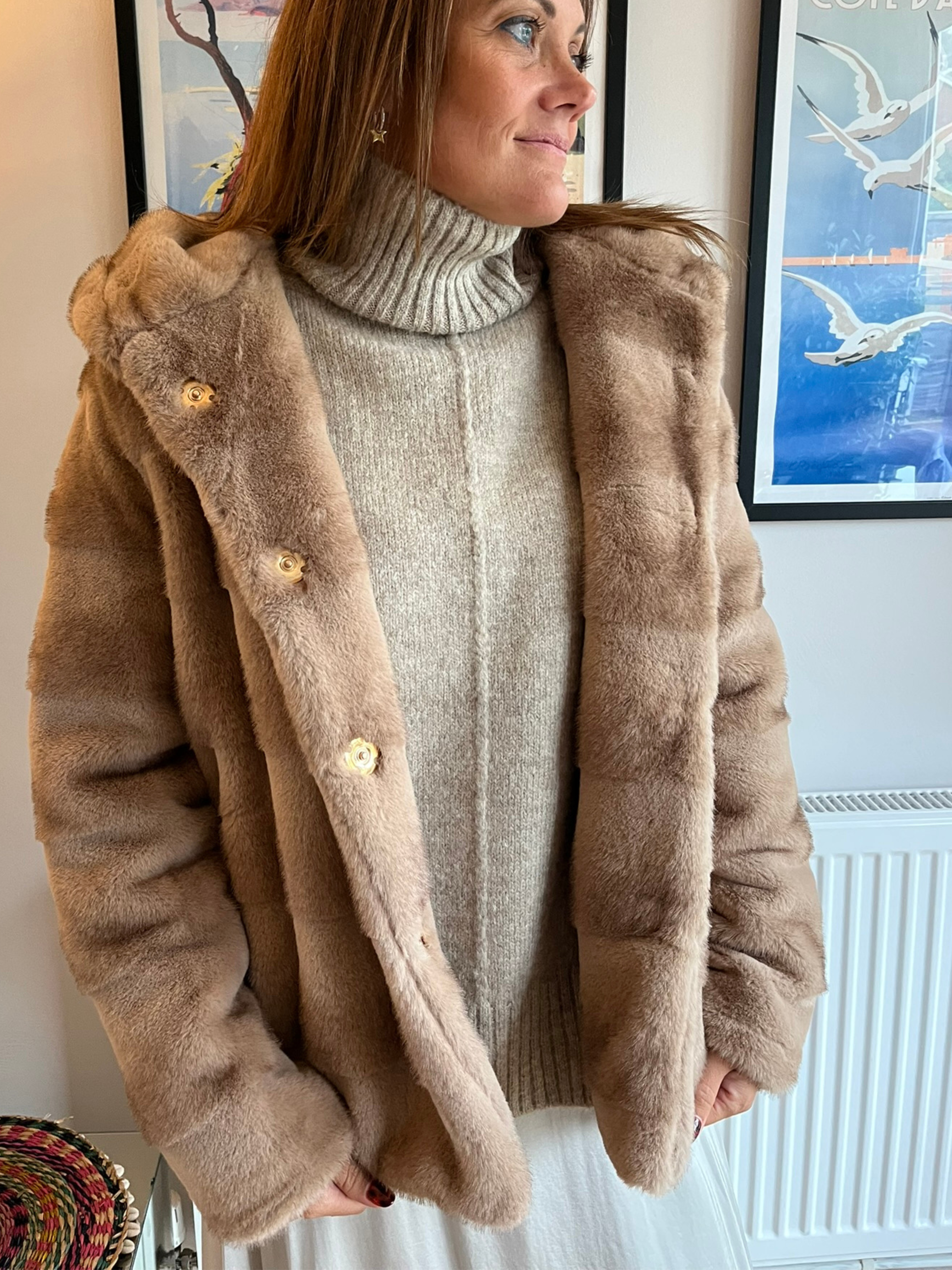 GOLD & SILVER | Camel Faux Fur Vegan Hooded Jacket