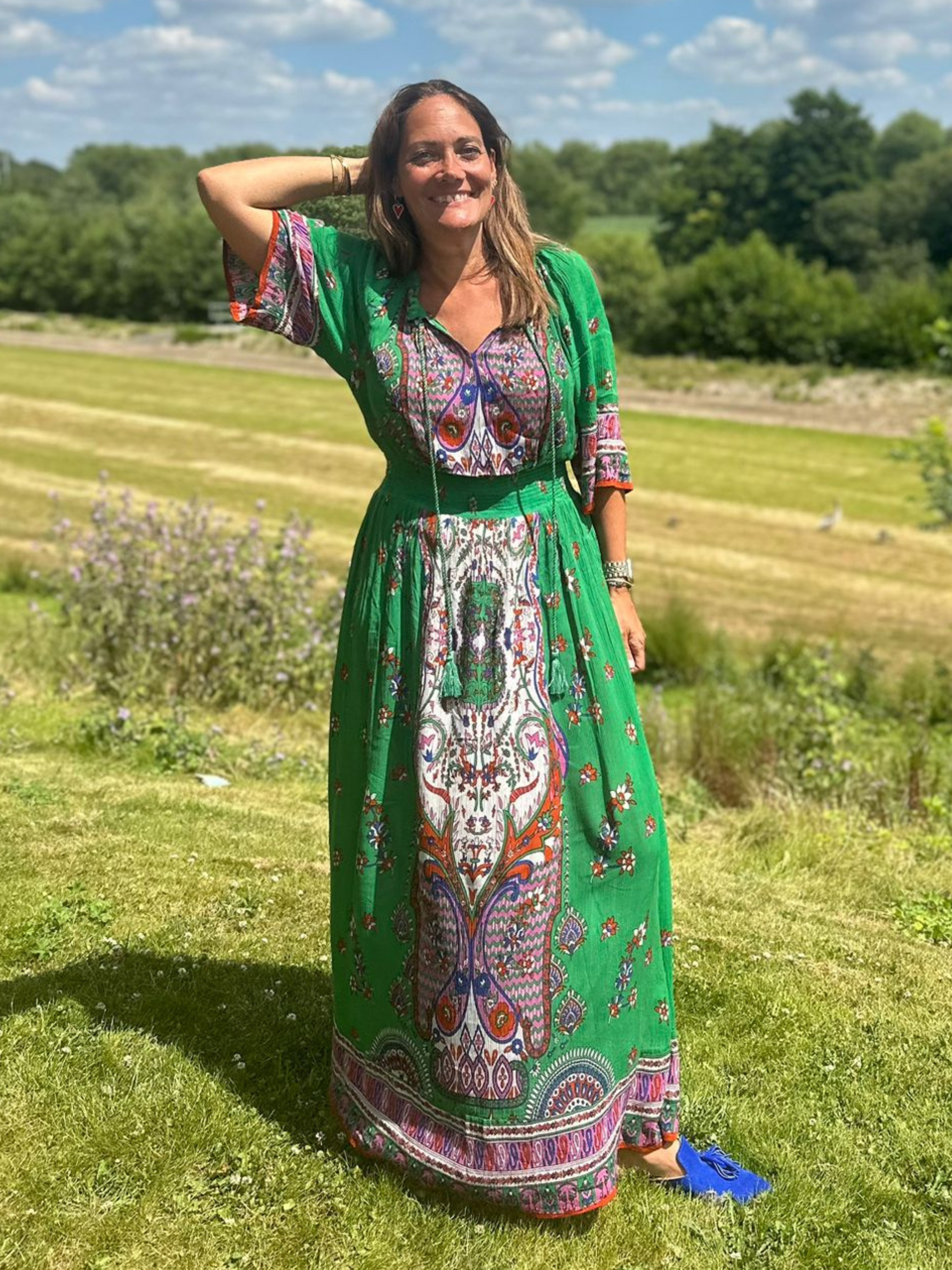 Olympina Green Short Sleeve Gypsy Maxi Dress