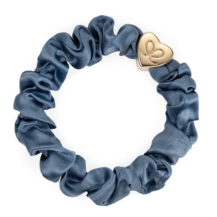 Denim Blue Silk Scrunchie with Gold Heart