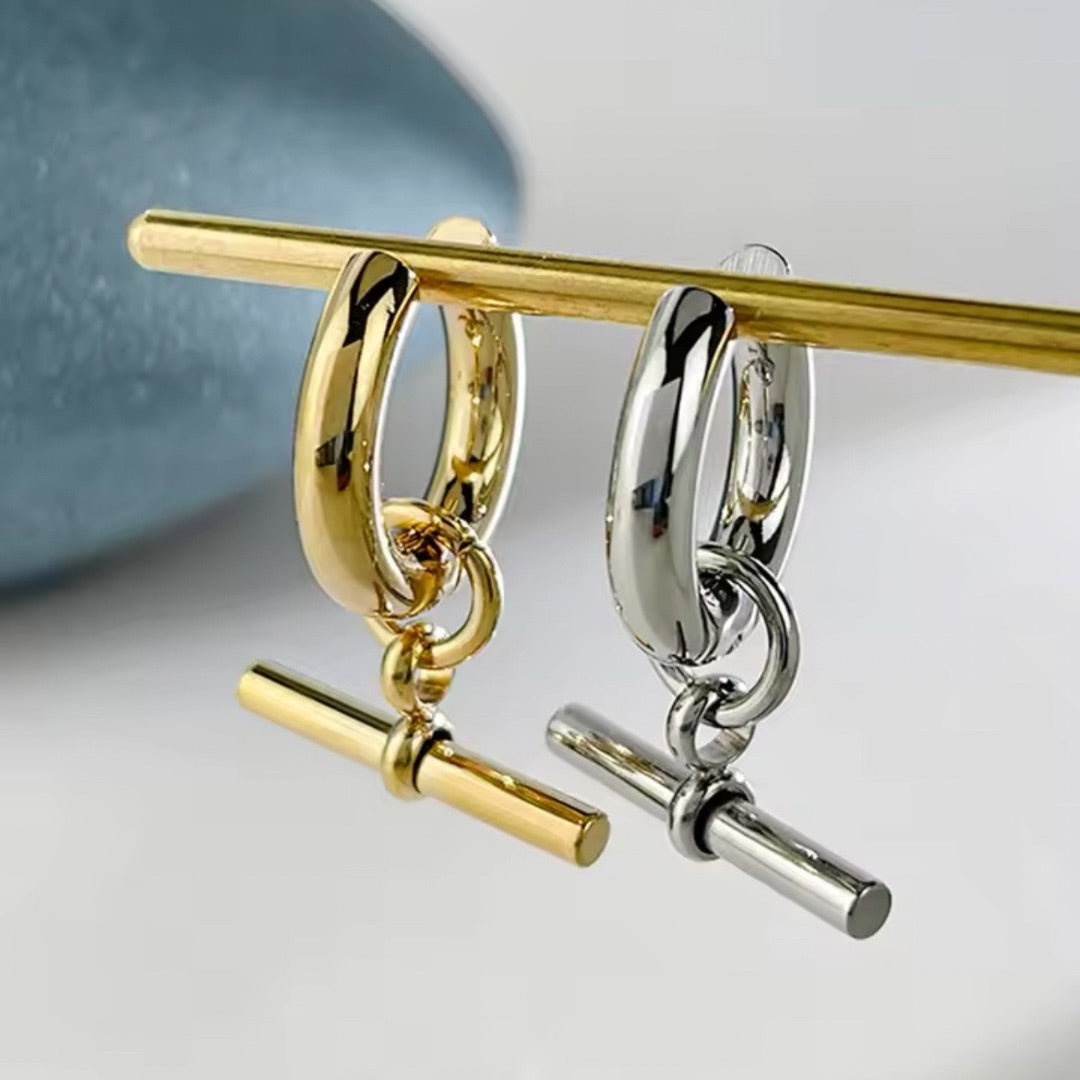 Gold Silver T Bar Stainless Steel Hoop Earrings