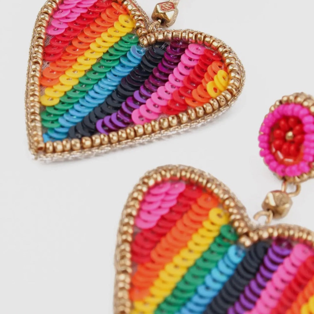 Heart Rainbow Stripe Beaded Stud Earrings My Doris