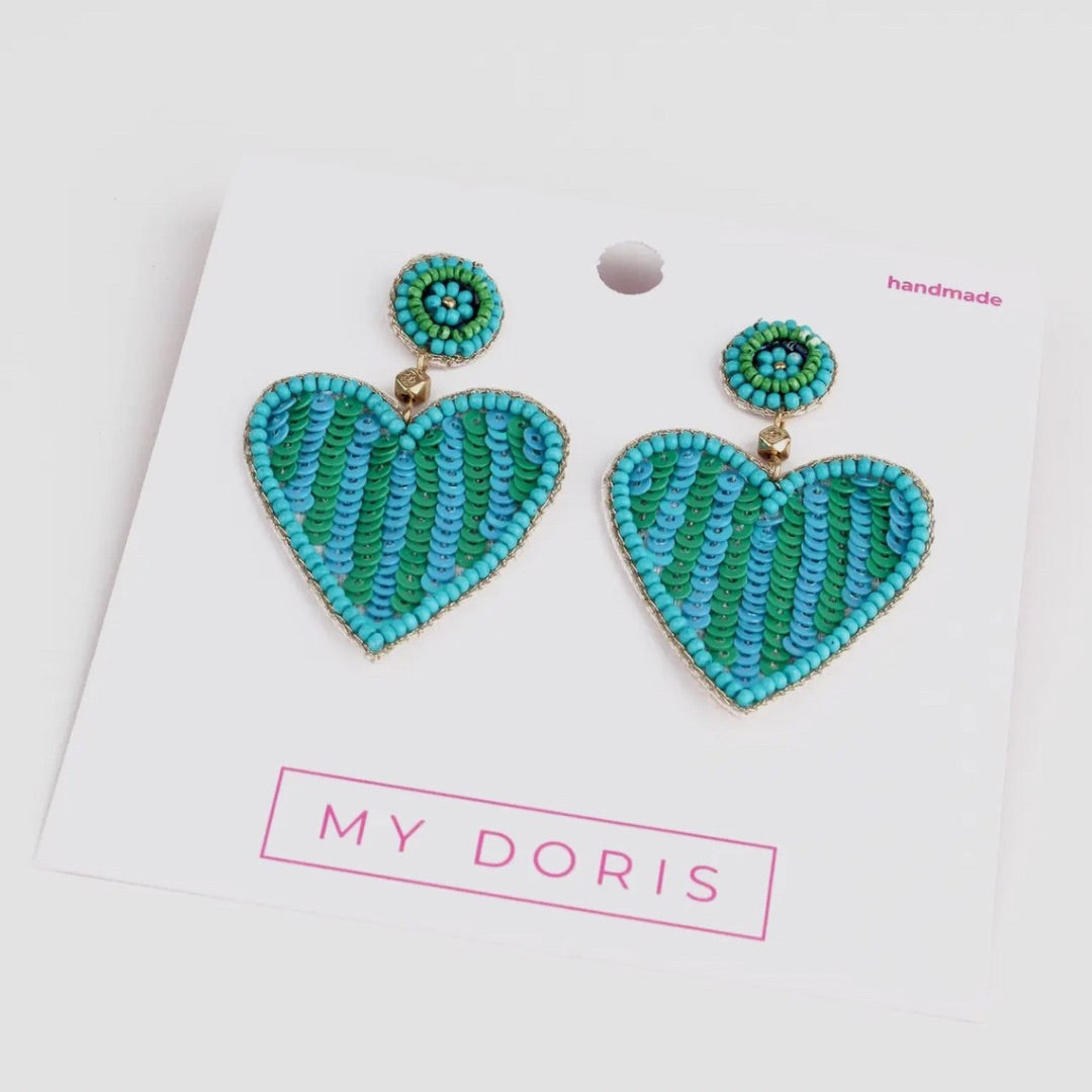 My Doris Blue and Green Stripe Heart Earrings