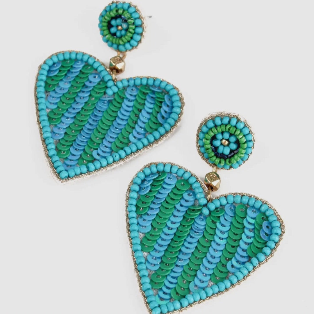 Blue and Green Stripe Heart Beaded Earrings My Doris