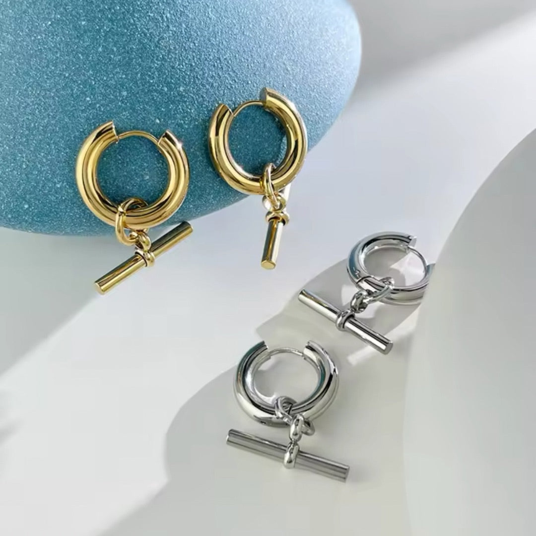 Stainless Steel Silver T Bar Huggie Hoop Earrings