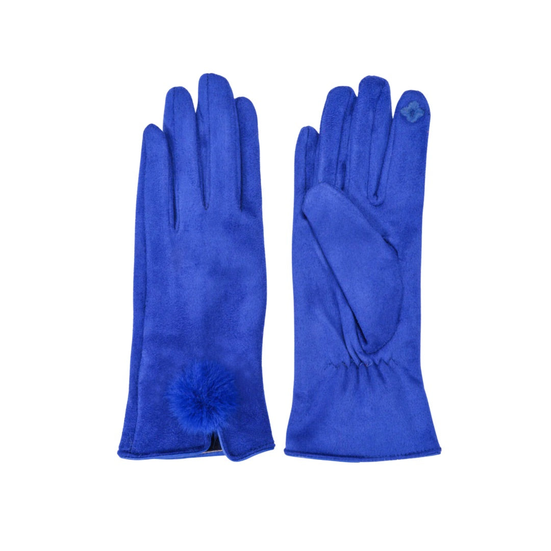 blue suede pom pom gloves