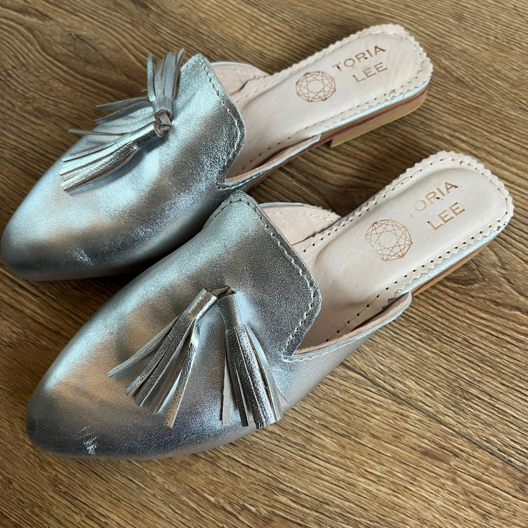 Moroccan Handmade Leather Silver Mules