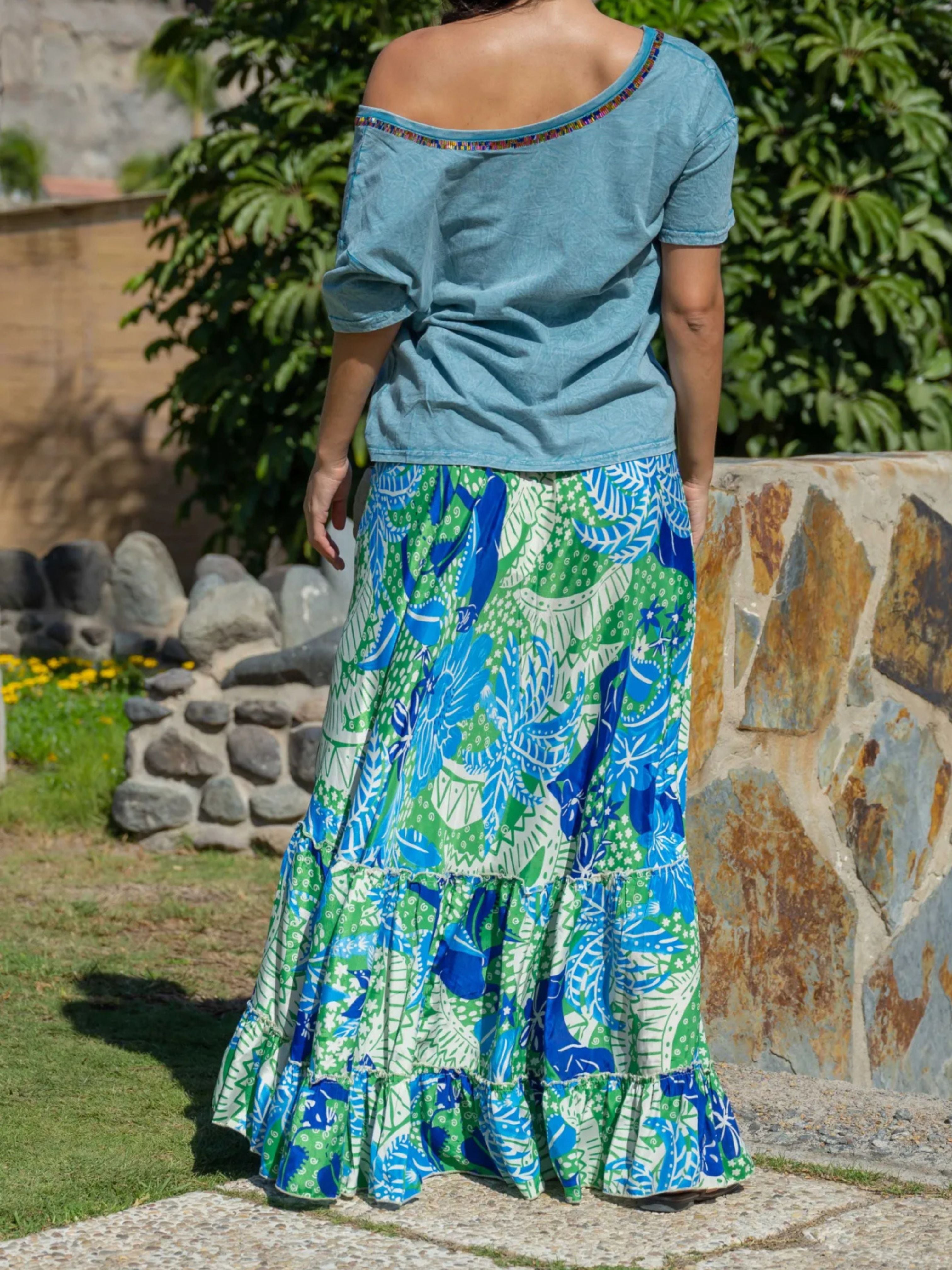 green and blue tropical print maxi skirt