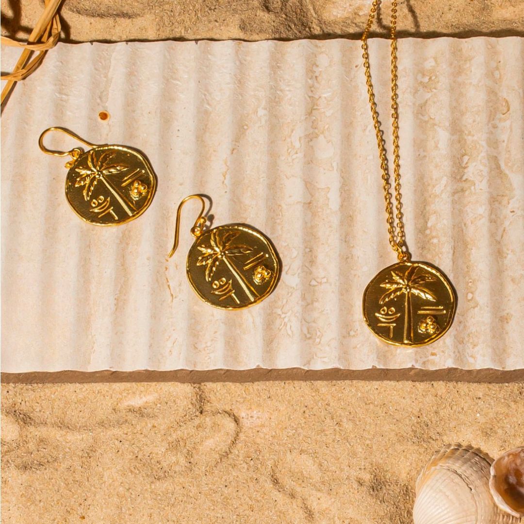 Oasis Gold Palm Tree Necklace and Earrings Ashiana London