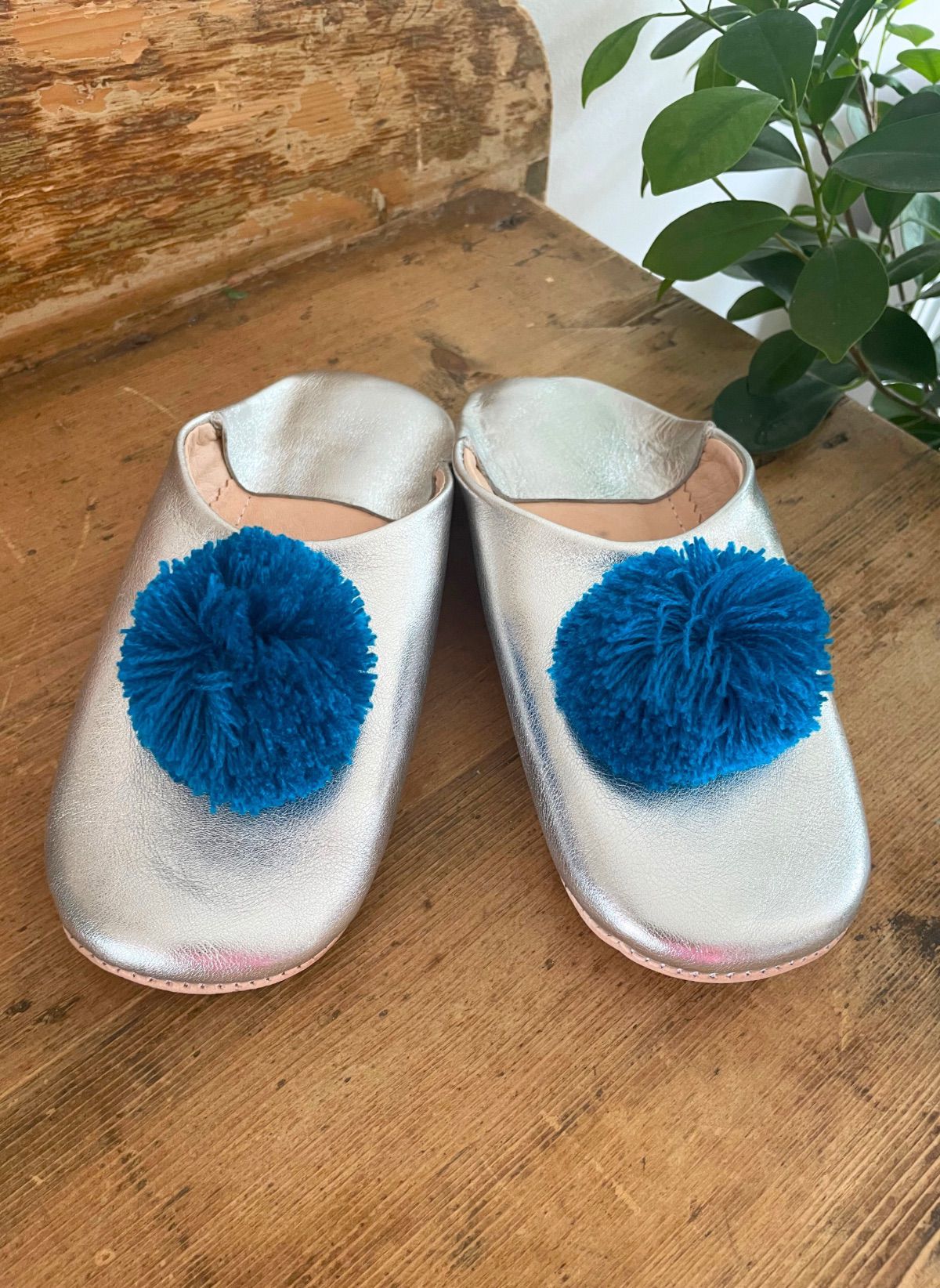 Moroccan Silver Leather Turquoise Pom Pom Slippers in