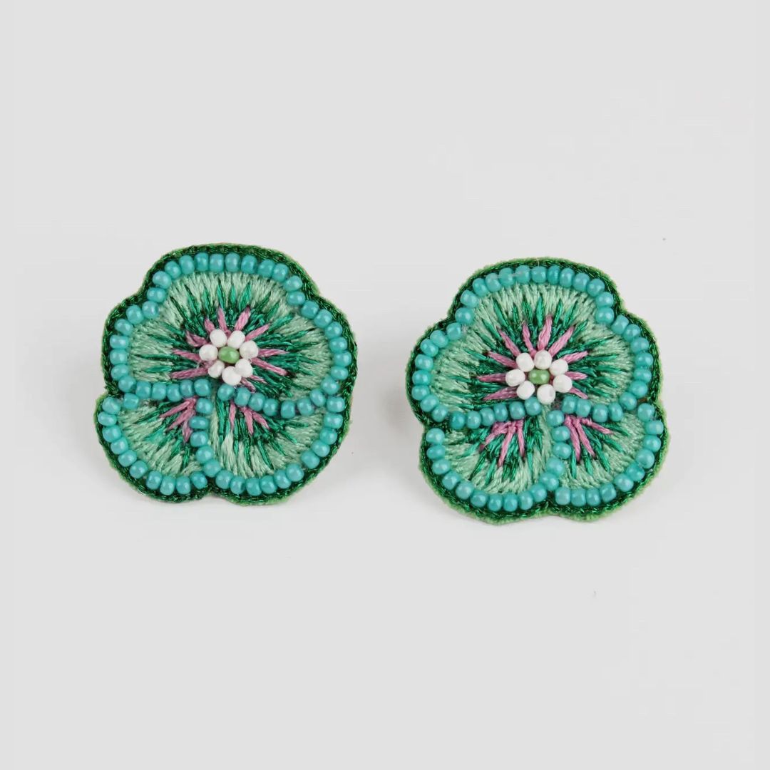 Mint Green Beaded Pansy Stud Earrings