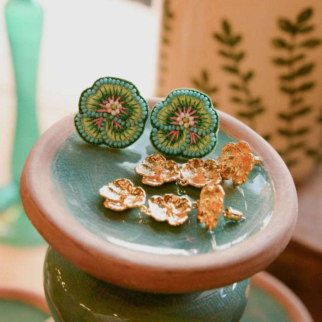 Green Beaded Pansy Stud Earrings