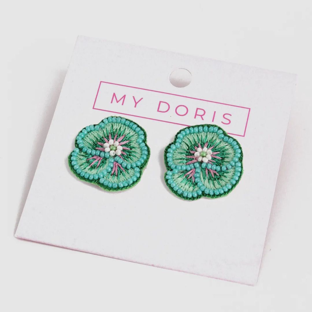 My Doris Mint Green Beaded Pansy Stud Earrings