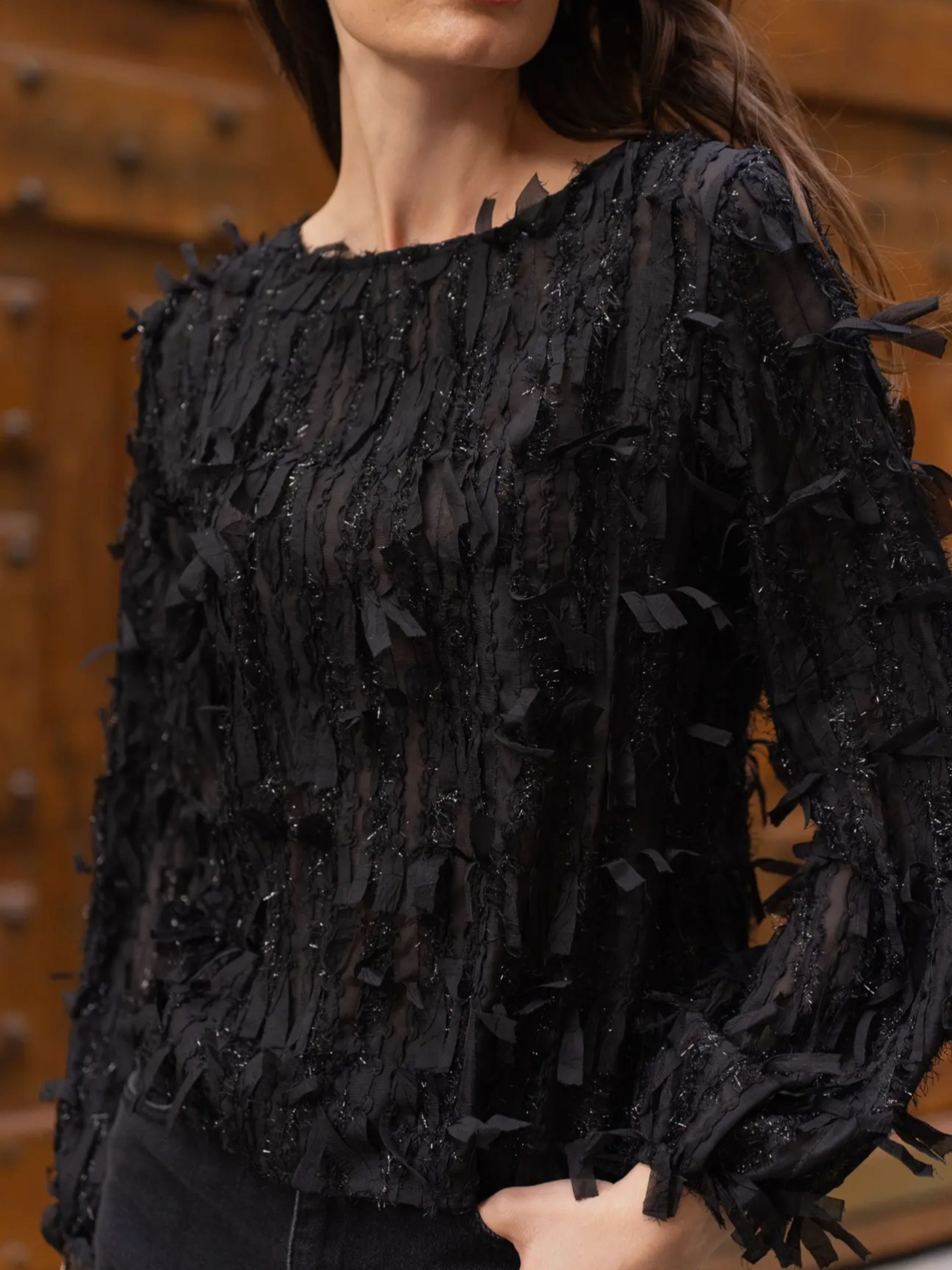 Black Ruffle Metallic Fringe Blouse