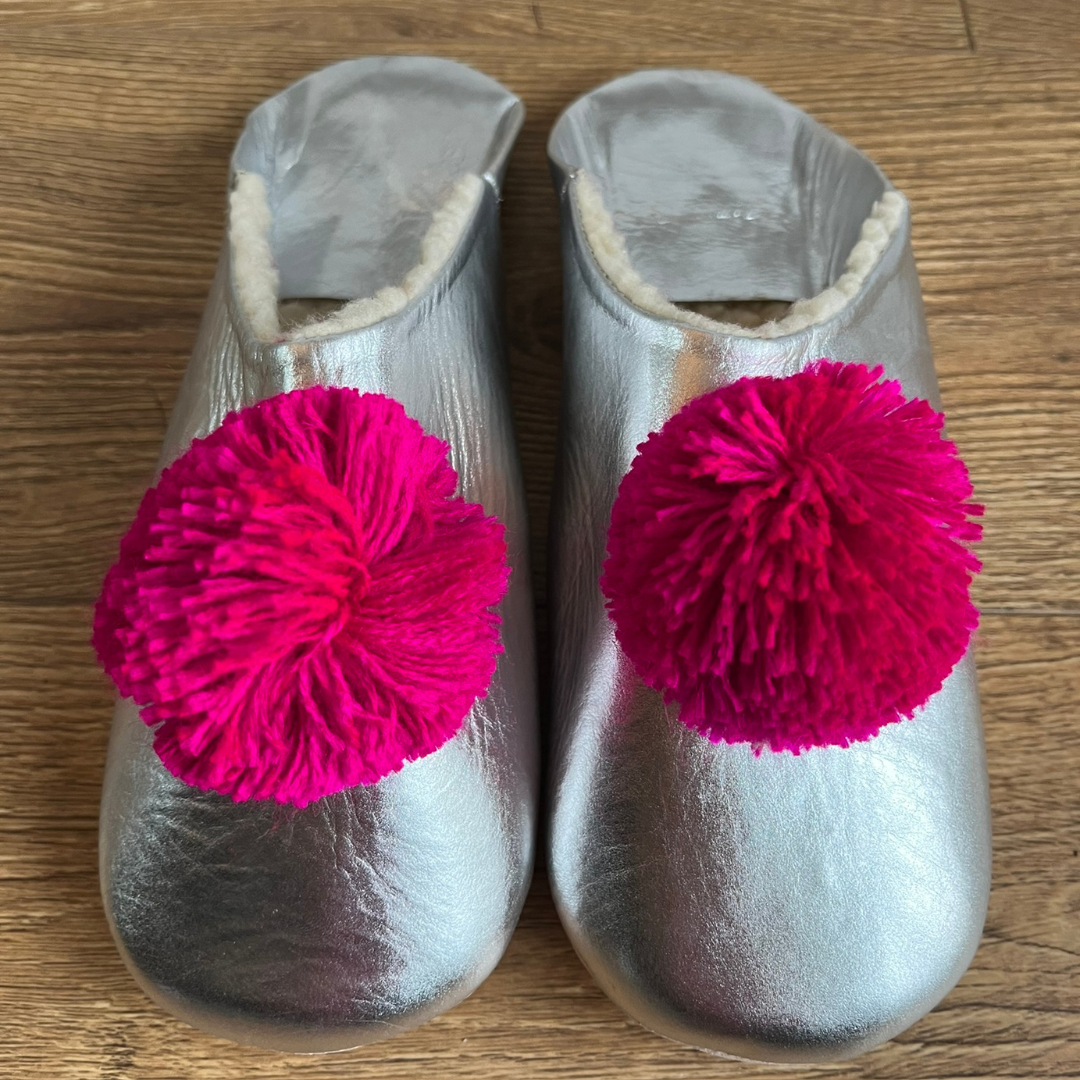 Moroccan Fur Lined Silver Leather Pink Pom Pom Slippers