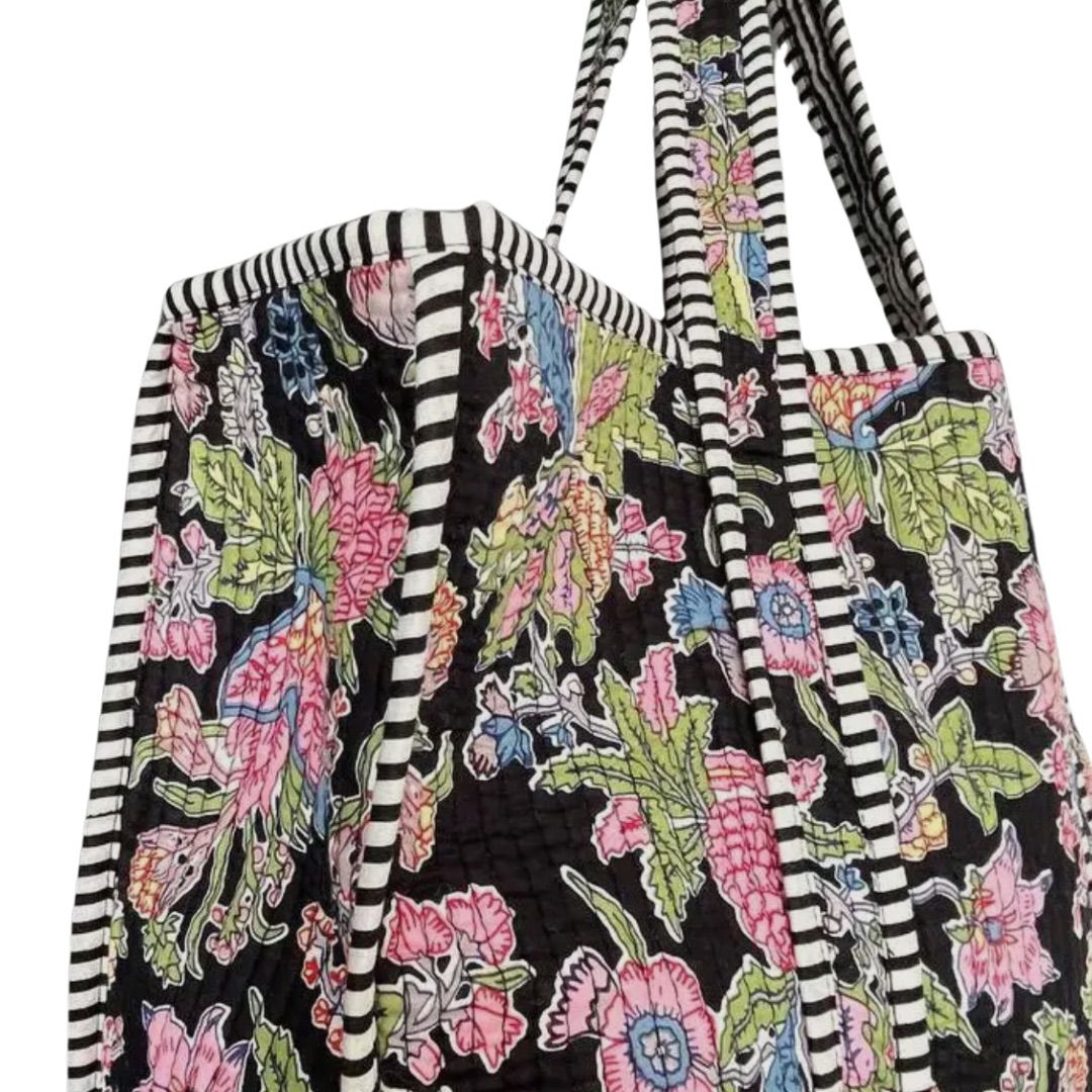 Handmade Black Floral Quilted Cotton Tote Bag