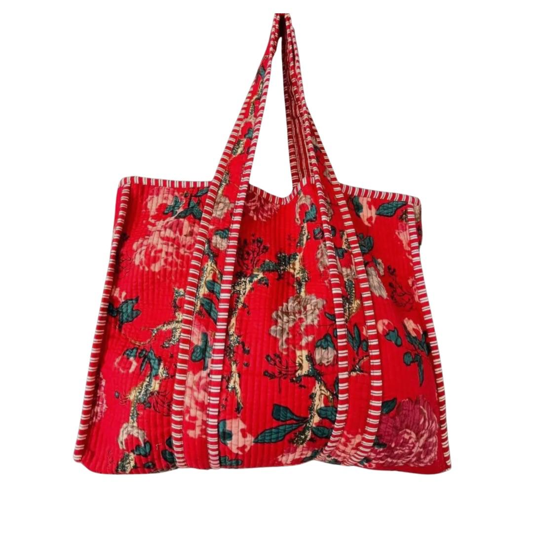 Red Handmade Cotton Quilted Tote Shopping Bag