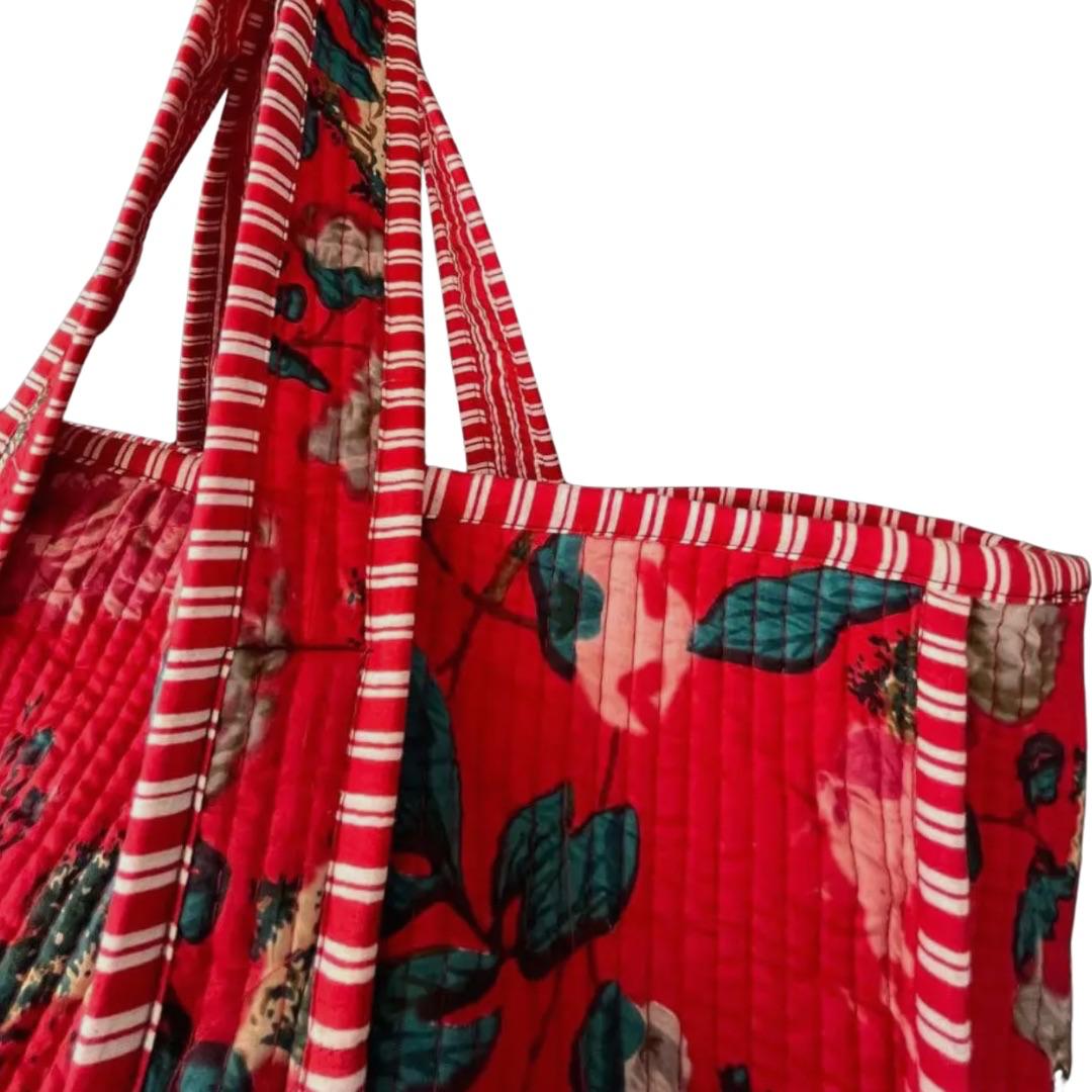 Handmade Red Cotton Quilted Tote Shopping Bag