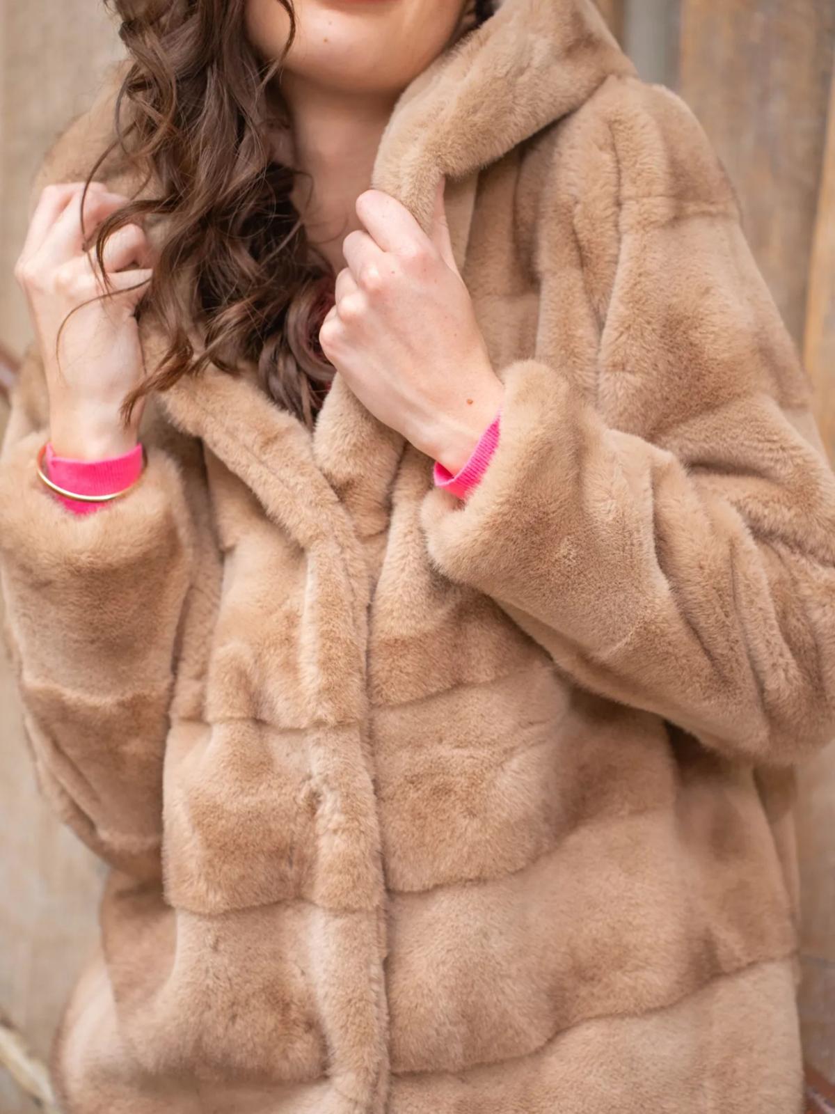 Camel Faux Fur Vegan Hooded Jacket