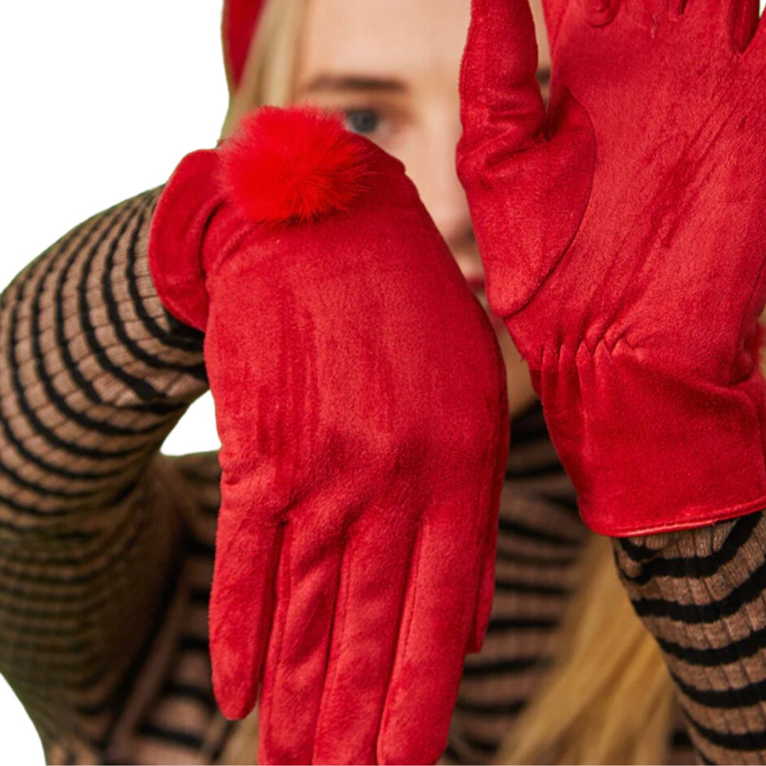 Red Suede Pom Pom Gloves